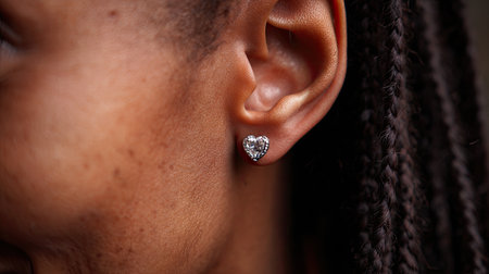 A striking close-up of a heart-shaped diamond earring adorning the ear of a woman with braided hair. The image captures beauty and elegance, showcasing the intricate details of the jewelry, light reflections, and natural skin tone, conveying a sense of style and personal expression.の素材