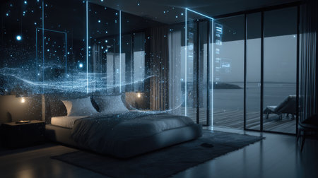 A sleek, futuristic bedroom featuring advanced technology and minimalist design elements. The serene ocean view at night creates a tranquil ambiance for relaxation.の素材