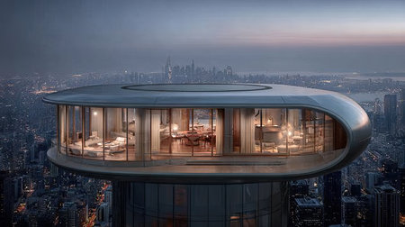 A stunning portrayal of a futuristic building with a luxurious interior that offers breathtaking city views at dusk, highlighting modern living and design.の素材