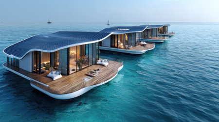 Experience modern floating villas with sleek solar rooftops set against a tranquil ocean backdrop, offering unparalleled luxury and serene relaxation.の素材