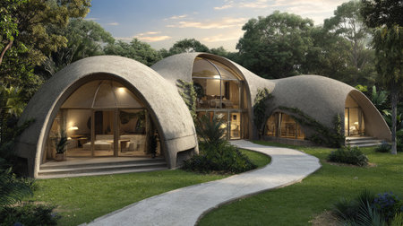 This striking modern home features a unique curvilinear design that merges with its lush surroundings, showcasing innovation and natural beauty.の素材