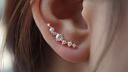 A stunning close-up of a beautiful minimalist ear jewelry adorned with sparkling diamonds, perfect for showcasing modern fashion trends and elegant accessories.の素材
