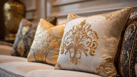 The image showcases luxurious golden decorative pillows resting on an elegant sofa, featuring intricate patterns that enhance the opulent interior.の素材