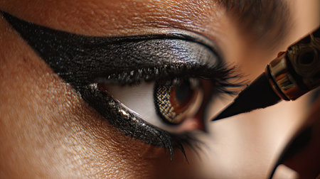 This close-up image captures the meticulous application of bold eye makeup featuring striking eyeliner designs. Showcasing beauty and artistry, the modelの素材
