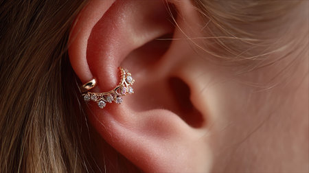 This image features a stunning close-up of a female ear adorned with an exquisite gold earring set with sparkling stones, showcasing modern elegance and design.の素材