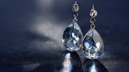 Stunning tear drop earrings featuring glittering crystals, set against a dark velvet background, creating a luxurious and elegant visual allure. Perfect for fashion.の素材