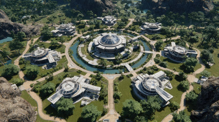 This aerial view captures a stunning futuristic urban complex nestled among lush greenery and serene waterways, emphasizing harmony with nature.の素材