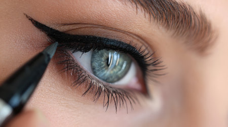 A detailed close-up image showcasing a woman applying liquid eyeliner with a striking winged tip, highlighting beauty application skills and techniques.の素材