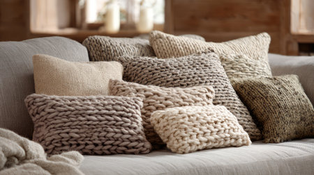 A collection of cozy knitted pillows in soft neutral tones adorns a comfortable couch, creating a warm and inviting living room atmosphere. Perfect for home decor.の素材