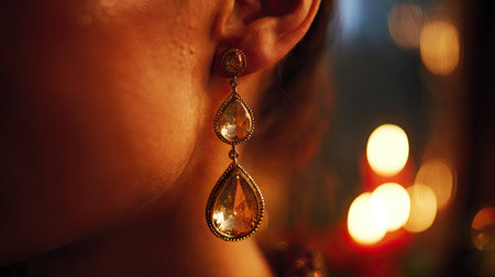 Close-up image of a woman showcasing exquisite decorative earrings featuring sparkling gemstones. The soft, blurred background creates an enchanting atmosphere, highlighting the beauty and elegance of the jewelry. Perfect for fashion, beauty, and lifestyle themes.の素材