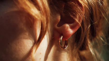 This captivating close-up features a woman's ear adorned with a gold hoop earring, capturing the beauty of sunlight reflecting off her hair and skin.の素材