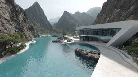A stunning modern architectural gem set within a breathtaking mountain landscape, featuring clear, reflective water and extraordinary natural beauty.の素材