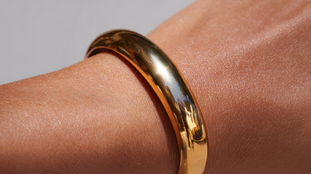This stunning image features a sleek gold bracelet resting elegantly on a tanned arm, highlighting its reflective surface and stylish design. Ideal for jewelry and fashion projects.の素材
