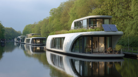 This captivating image showcases modern floating homes on a tranquil waterway, embraced by lush greenery. The eco-friendly design emphasizes harmony with nature while providing a unique living experience.の素材