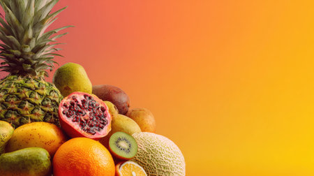 This stunning image features a vibrant arrangement of assorted tropical fruits including pineapple, mango, and kiwi set against a colorful gradient background, symbolizing freshness and health.の素材