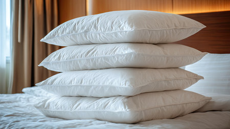 A visually appealing arrangement of soft white pillows stacked on a bed, showcasing a warm hotel room ambiance that invites relaxation and comfort.の素材