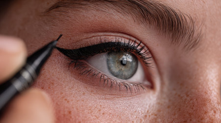 A detailed close-up image of a person meticulously applying eyeliner, showcasing the intricate beauty techniques involved in eye makeup. The focus is on the precision of the eyeliner tool and the captivating eye.の素材