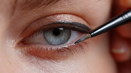 A striking close-up image showcasing a woman applying eyeliner with a fine brush, highlighting artistry in her eye makeup routine and beauty expression.の素材