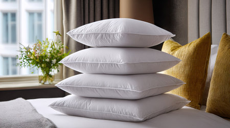 A beautifully arranged set of four plush white pillows stacked on a comforter in a modern hotel room. Soft fabrics and elegant decor create a cozy atmosphere perfect for relaxation.の素材