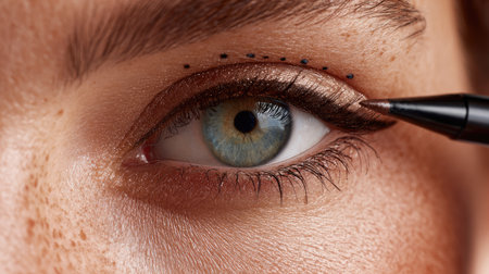 This close-up image captures the intricate process of applying eyeliner, showcasing stunning eye makeup artistry and emphasizing the model's beautiful eye details.の素材
