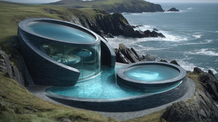 This stunning modern architectural design features a unique curved glass structure positioned on a rocky coastline. The luxurious home offers breathtaking views of the ocean waves, inviting tranquility and relaxation.の素材