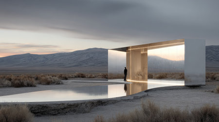 This striking image features a modern architectural structure reflecting beautifully in still water against a vast desert landscape at dusk. A solitary figure enhances the sense of scale and solitude.の素材
