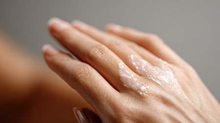 A close-up image of a hand applying a moisturizing cream, highlighting the smooth texture and sheen of the product against the skin. The natural light enhances the aesthetic appeal and suggests beauty and self-care.の素材