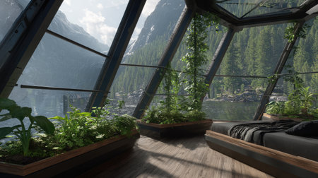 This stunning interior captures the essence of modern eco-friendly design, showcasing large windows that open up to breathtaking mountain lake views and lush greenery.の素材