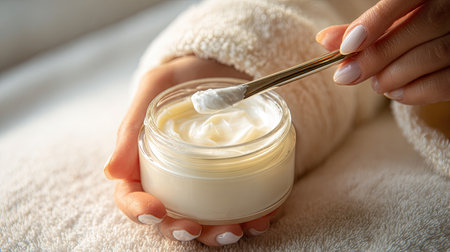 Close-up of a hand applying a creamy moisturizer from a jar in a serene spa setting. The soft focus and elegant texture enhance the luxurious feel of skincare.の素材