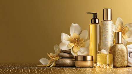 Elegant composition of beauty products arranged with smooth stones and delicate flowers set against a golden backdrop. Ideal for wellness and relaxation themes.の素材