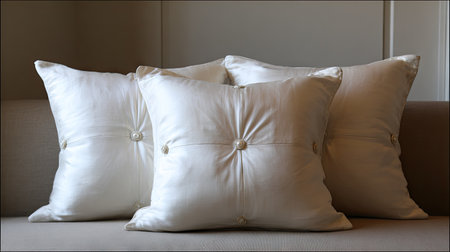 A trio of elegant white satin pillows with decorative buttons rests on a stylish neutral sofa, creating a cozy and inviting living space atmosphere.の素材