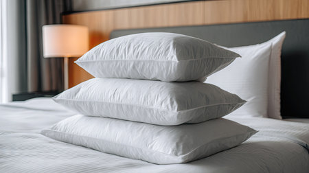 A serene hotel room featuring a neatly stacked arrangement of fresh white pillows on the bed, creating a peaceful and inviting ambiance for guests.の素材