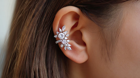 This stunning close-up captures an elegant earring design showcased on a woman's ear, highlighting its intricate details and sparkling gems. Perfect for fashion and jewelry presentations.の素材
