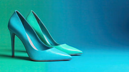 This stunning stock photo features a pair of elegant high-heeled shoes in vibrant turquoise and mint green. The smooth gradient background enhances the beauty and style of this chic footwear, perfect for fashion-related projects.の素材