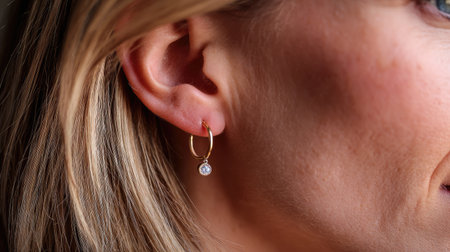 A stunning close-up image highlighting a woman's ear adorned with elegant gold hoop earrings featuring a sparkling gemstone. The perfect representation of modern fashion and beauty.の素材
