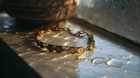 A stunning gold bracelet featuring a unique design rests on a rustic wooden surface, enhanced by shimmering water droplets and soft natural light.の素材