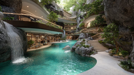 Discover a stunning indoor tropical oasis featuring a cascading waterfall, lush greenery, and modern architectural elements, creating a serene escape.の素材