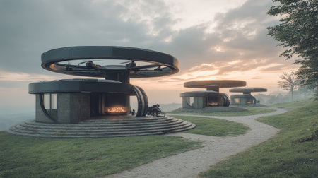 This stunning image showcases futuristic circular structures set in a tranquil landscape, offering a unique architectural perspective under soft morning light.の素材