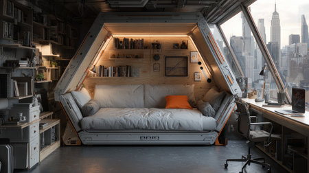 This image features a modern apartment interior showcasing a cozy couch, unique wood design, and stunning city skyline views, perfect for urban living.の素材