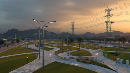 This image features a serene park pathway at sunset, showcasing modern design elements alongside natural beauty. The view includes power lines and distant hills.の素材
