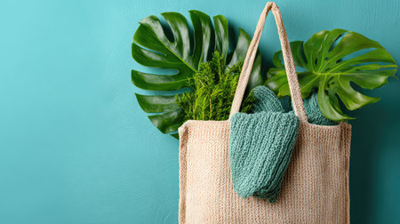 This image features an eco-friendly bag filled with textured green fabric and tropical monstera leaves against a bright teal backdrop, evoking a fresh and vibrant lifestyle.の素材