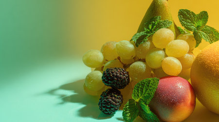 This artistic display captures a variety of fresh fruits, including apples, pears, and grapes, adorned with mint leaves against a colorful backdrop, emphasizing health and freshness.の素材