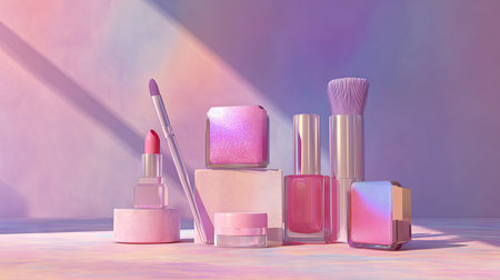 A visually striking arrangement of pastel cosmetic products, featuring lipstick, brushes, and creams, designed to enhance beauty routines with elegance and style.の素材