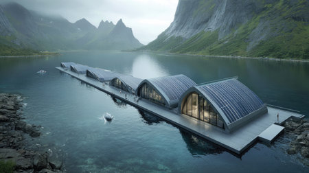 Stunning modern architecture located on a tranquil lake, surrounded by breathtaking mountains, harmonizes with nature and offers serene vistas.の素材