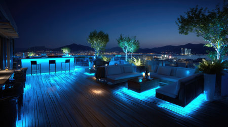 This elegant rooftop lounge features illuminated furniture and stunning city views, creating a perfect ambiance for relaxation and nightlife enjoyment.の素材