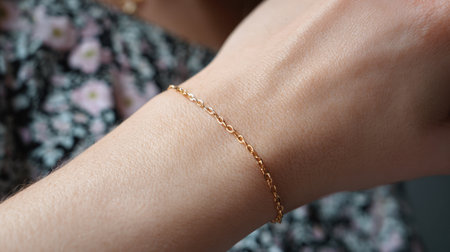 A close-up image showcasing a delicate gold bracelet on a woman's wrist, set against a softly lit floral background, exuding elegance and charm.の素材