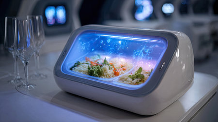 This high-tech food storage container features a holographic display, showcasing vibrant meals designed for a luxurious and futuristic dining experience.の素材