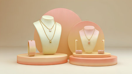 This exquisite jewelry display features elegant necklaces, earrings, and bracelets set against a soft pastel background, perfect for fashion and accessory photography.の素材