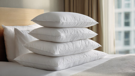 A visually appealing arrangement of soft white pillows stacked on a bed, showcasing comfort and tranquility in a serene hotel room setting.の素材