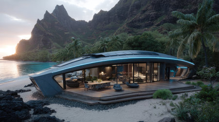 A modern eco-friendly home set on a beautiful tropical beach, framed by majestic mountains and palm trees, offering a serene escape and stunning views.の素材